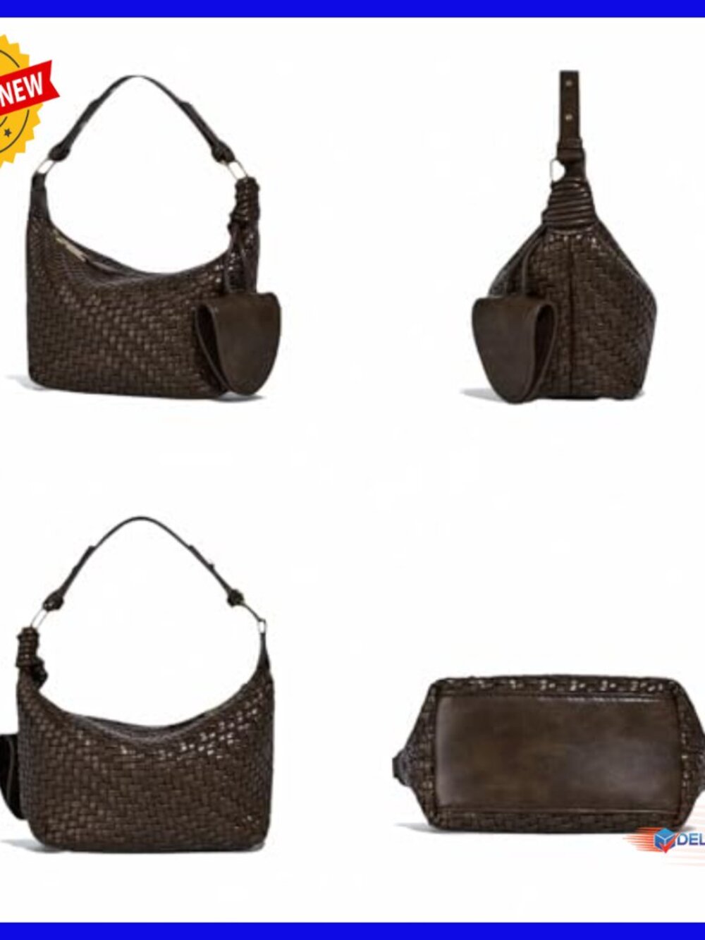 Handwoven Leather Hobo Crossbody Bag, Adjustable Strap, Zippered Compartment - Picture 6 of 6